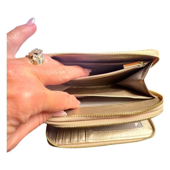 Anne Klein Designer Zip Around Neutral Tan Wallet w/Gold Lion Head Logo Emblem - Picture 3 of 7